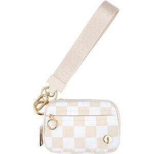 Wristlet Keychain Wallets for Women Beige Checkered